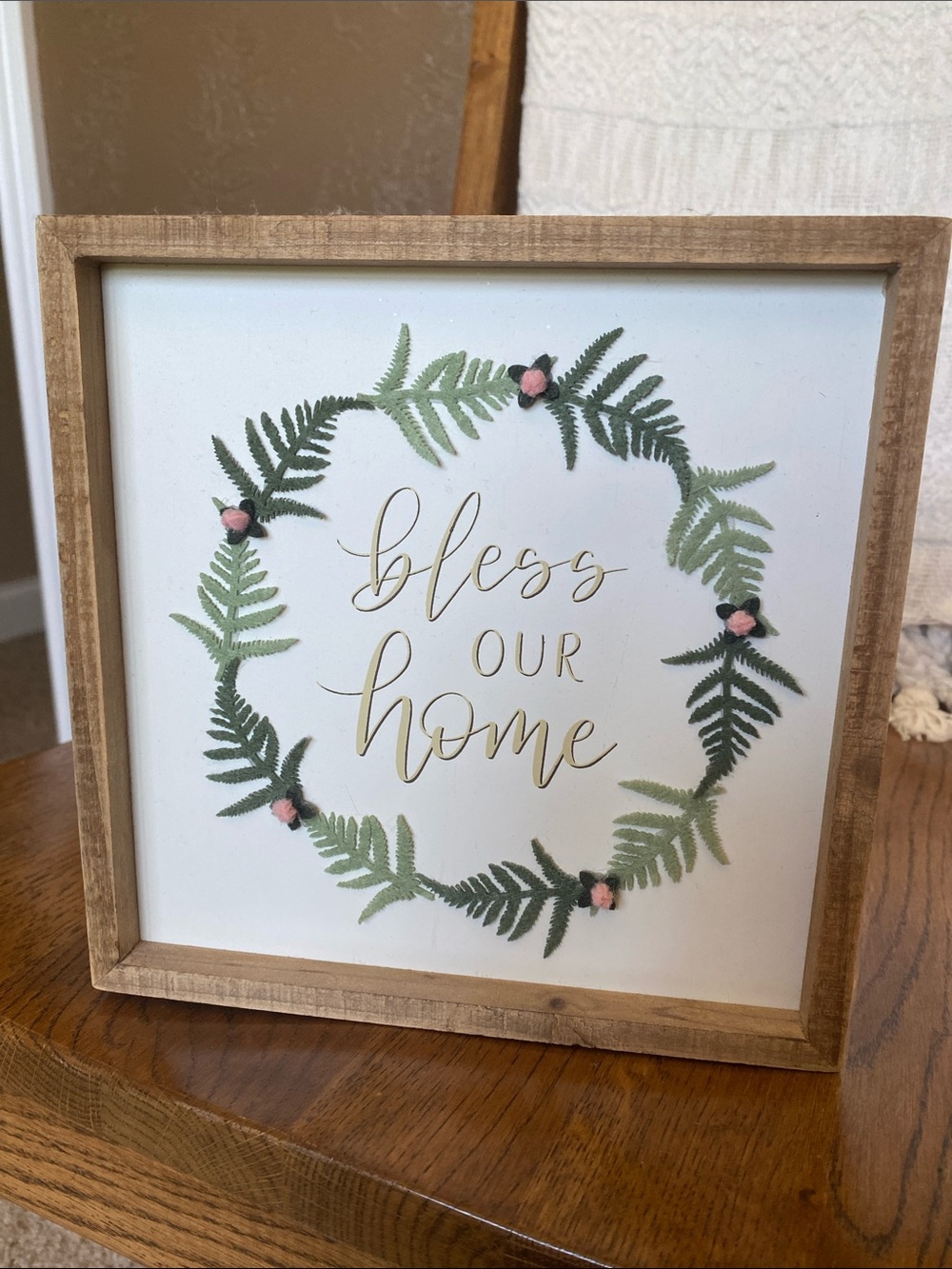Bless Our Home Framed Wall Art - Green Fern Wreath with Pink Accents